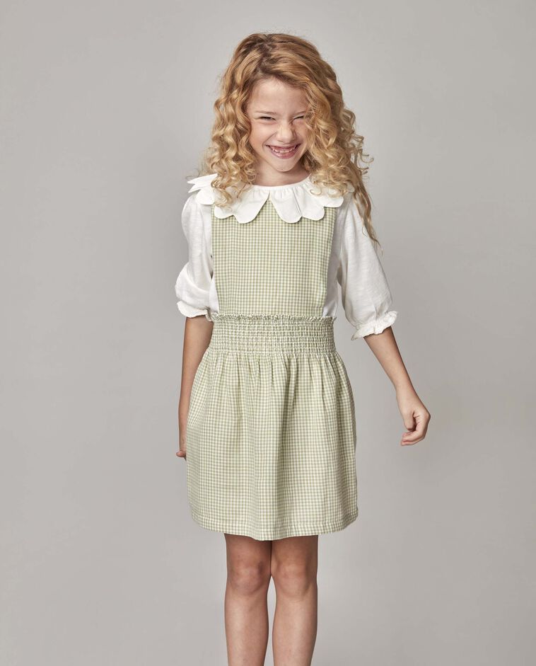 Robe chasuble &agrave; carreaux vichy blanche