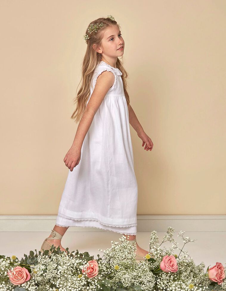 Vestido comprido com fitas bordadas  esbranquiçada