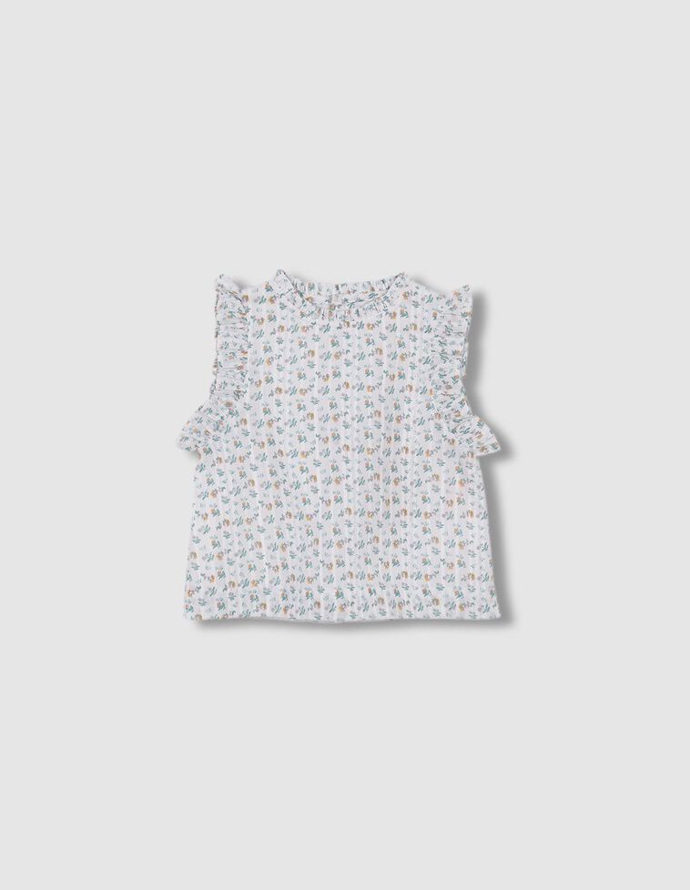 Blusa color bianco  con stampa, volant sul colletto e sul giromaniche