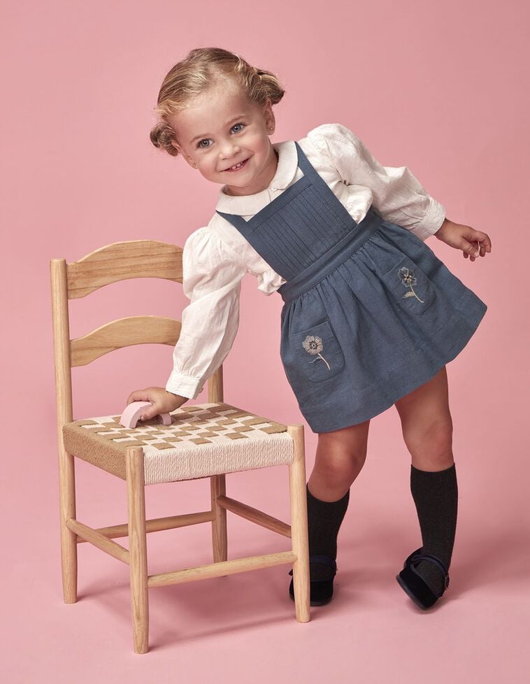 Robe chasuble à bretelles et poches brodées vert pétrole