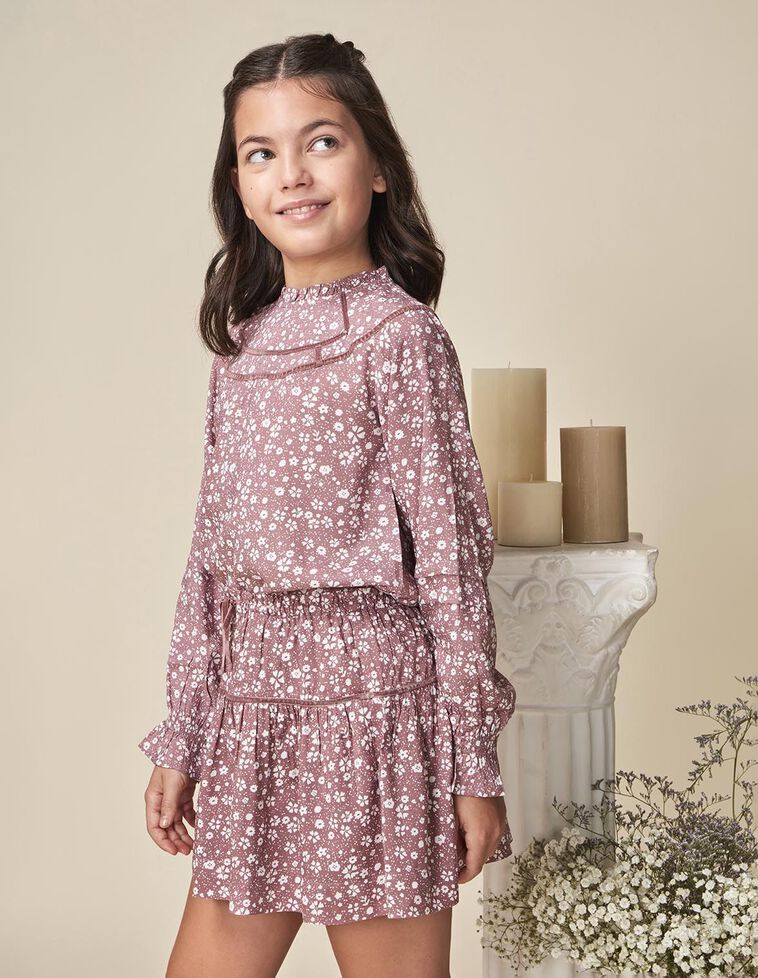 Jupe imprimée à volant violet