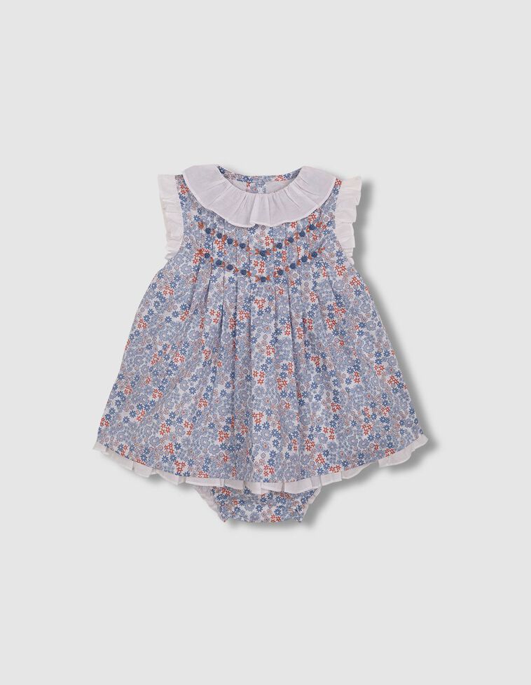 Robe fleurie nid d'abeille bleu clair