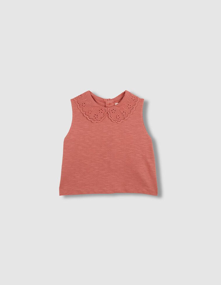 T-shirt sans manches col ajouré orange
