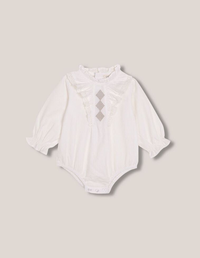Chemise body blanche à volants et broderie