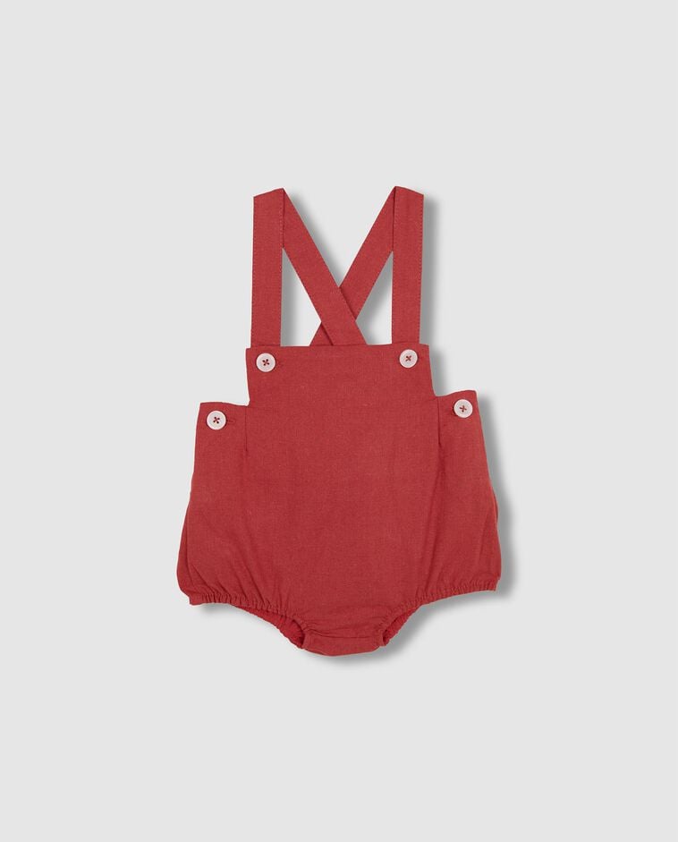 Culotte bouffante en lin &agrave; bretelles rose