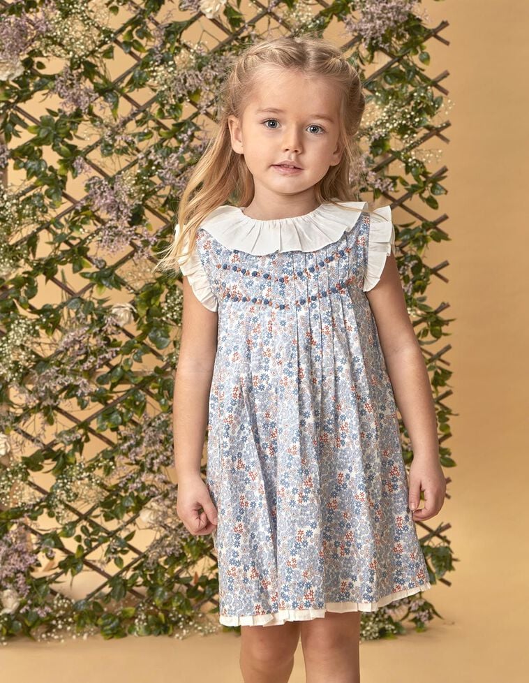 Robe fleurie nid d'abeille bleu clair