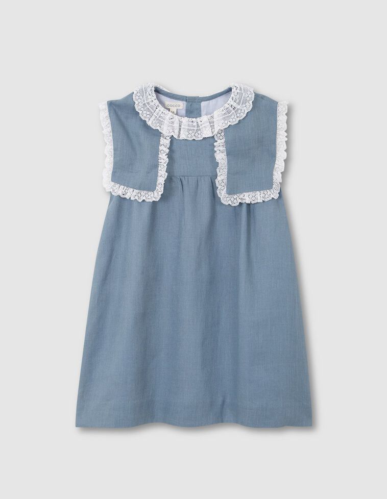 Vestido de linho com fitas bordadas  turquesa escuro