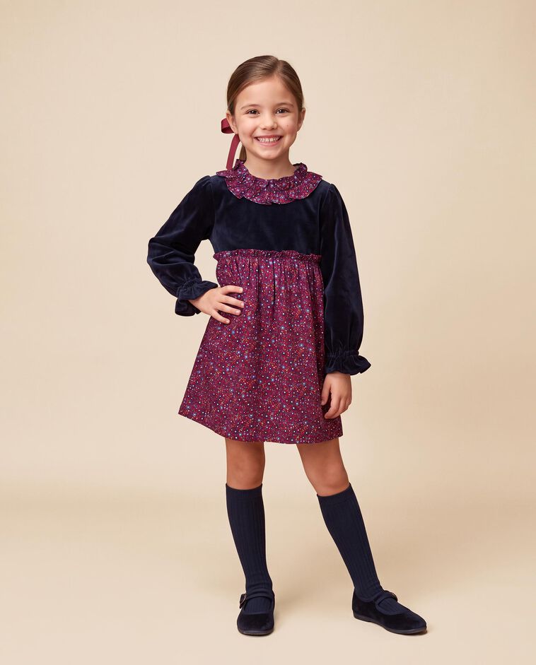 Vestido azul de veludo e estampado menina