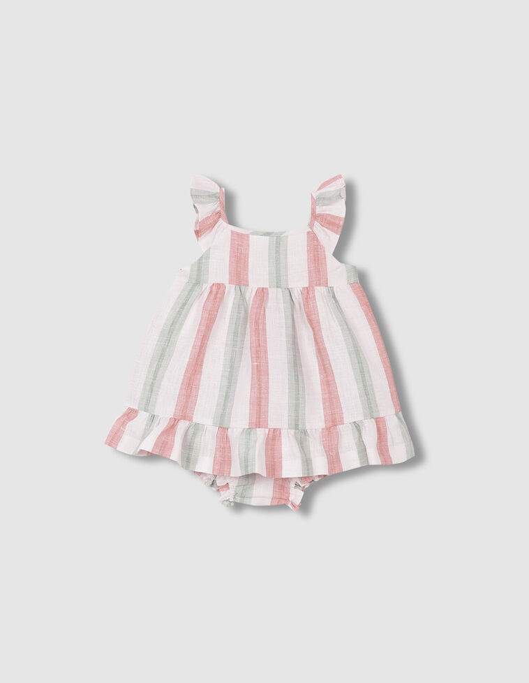 Vestido de linho com padrão de riscas de várias cores.