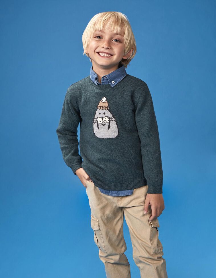 Pull avec motif phoque vert pétrole