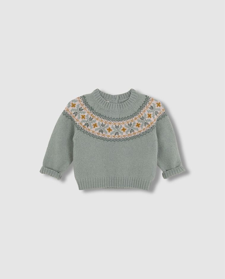 Camisola verde com jacquard na gola beb&eacute;