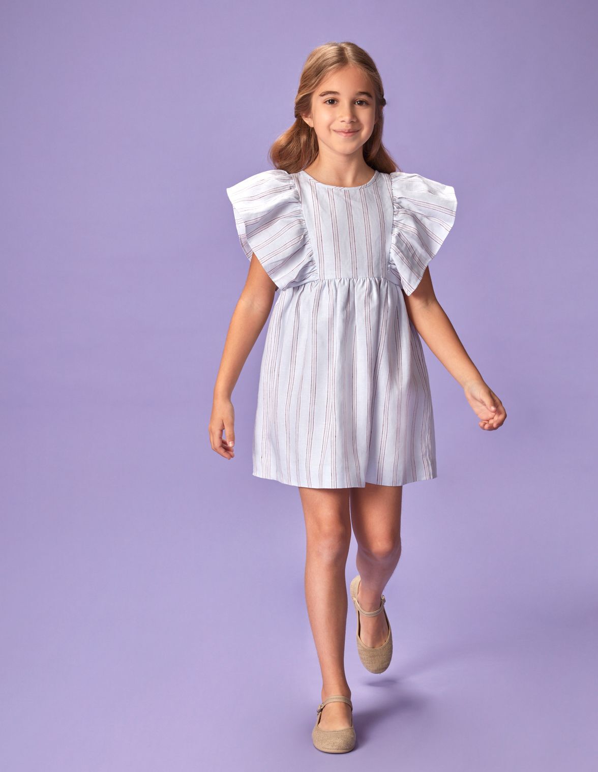 Vestido com folhos e riscas na cor azul para menina Gocco