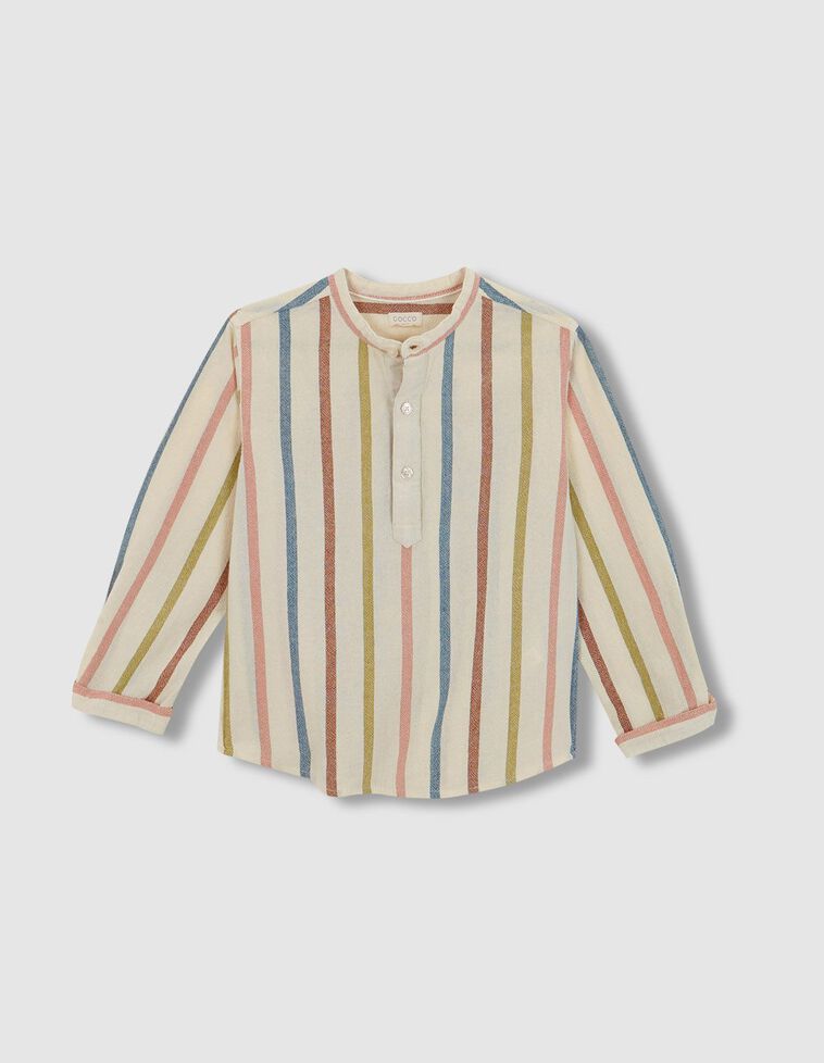 Camisa de gola mandarim listrada multicolorida crua